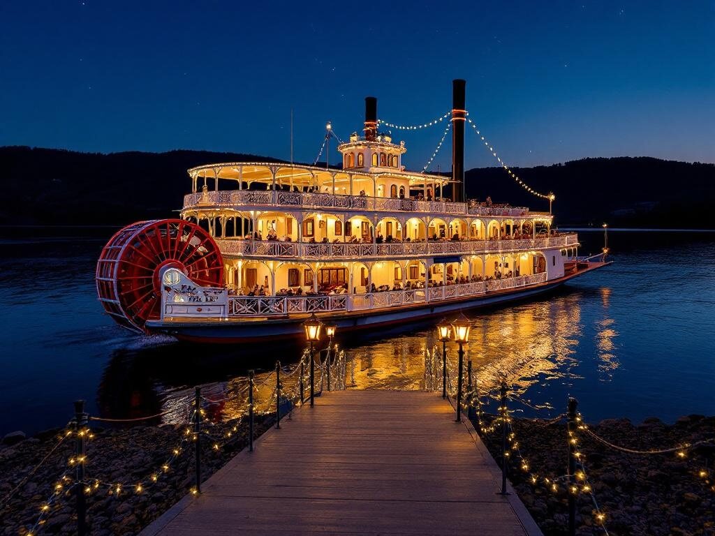 Showboat Branson Belle paddle wheeler lit up at twilight on Table Rock Lake, Victorian details, dinner guests in large windows, silhouette of Ozark hills in starlit dusk sky, gangway with old-fashioned lanterns