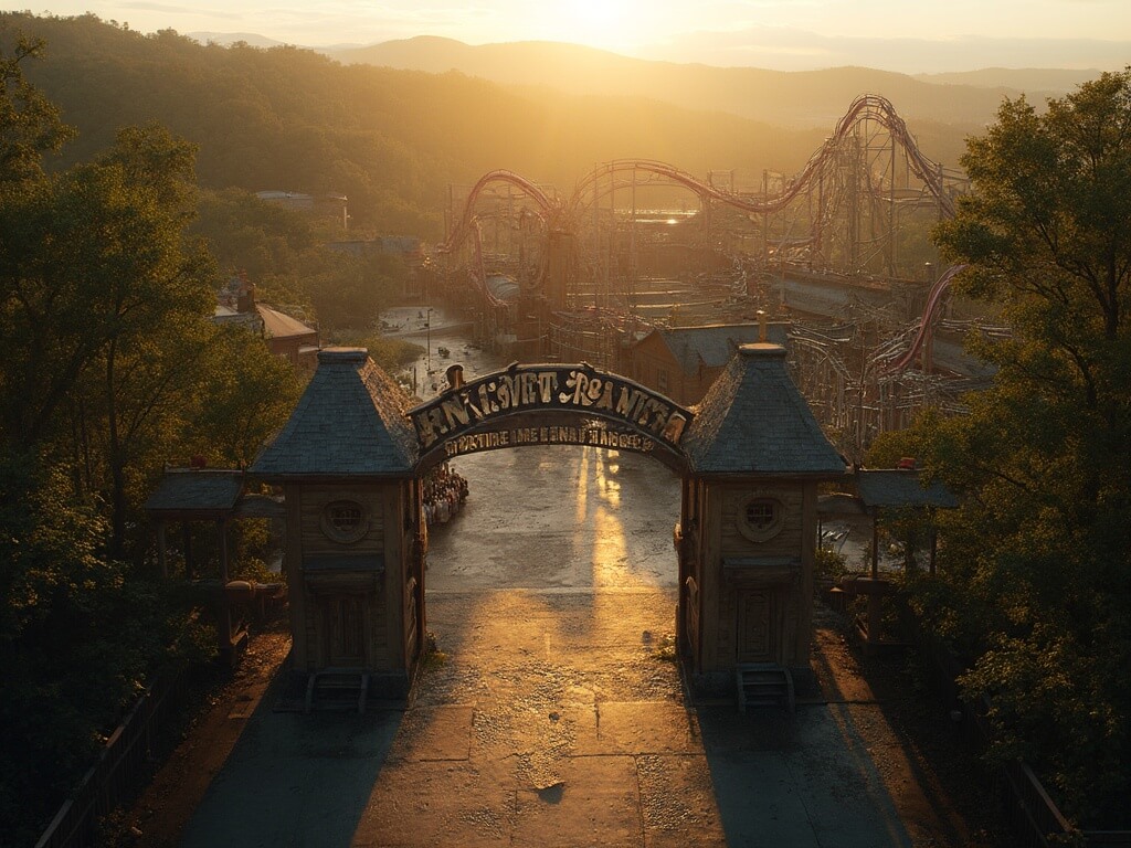 Aerial view of Silver Dollar City entrance and 1880s-themed buildings at sunset, highlighting the contrast between rustic architecture and modern steel coaster tracks of Time Traveler set amidst the Ozark Mountain landscape.