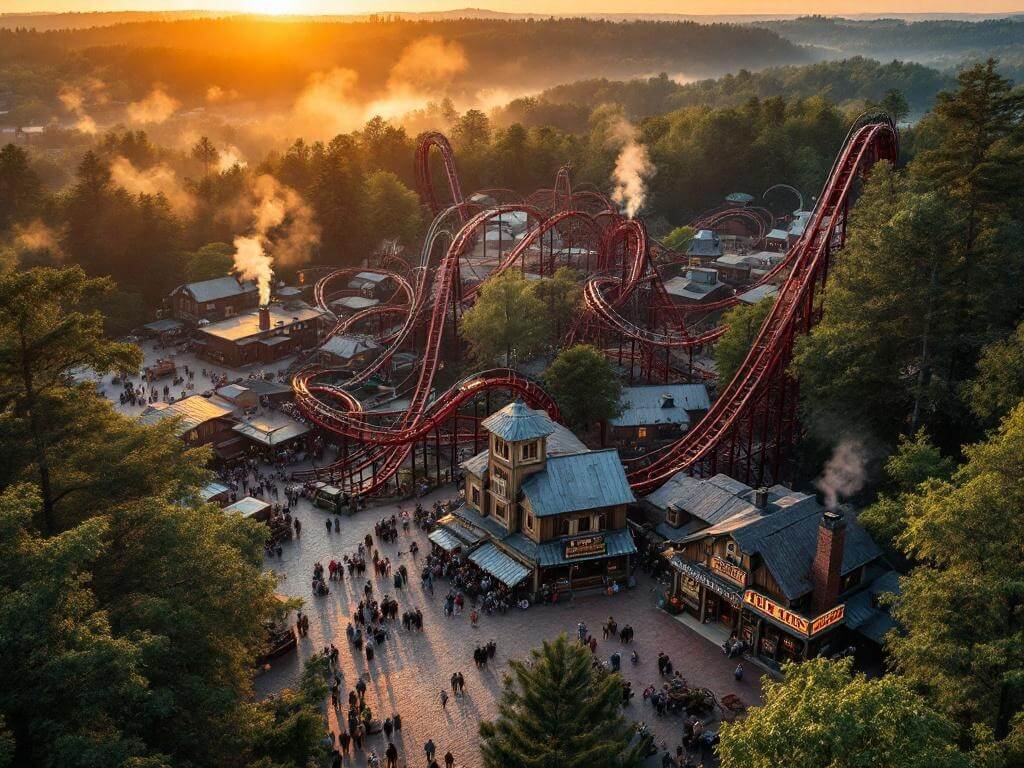 Aerial view of the 1880s-themed Silver Dollar City park in the Ozark Mountains during golden hour, featuring historic architecture, roller coaster tracks including the red Time Traveler, crowds on cobblestone paths, and a working blacksmith shop