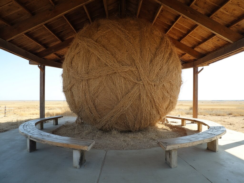 Visitors sitting on wooden benches surrounding a large sisal twine ball under a pavilion with sunlight streaming through, Kansas plains visible in the background.