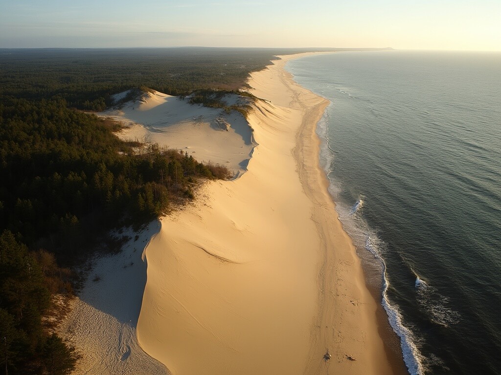 Aerial view of Sleeping Bear Dunes' deflation system showing eastward sand migration, contrasting forest line, wind-sculpted ridges, and Sleeping Bear Plateau in late afternoon lighting.