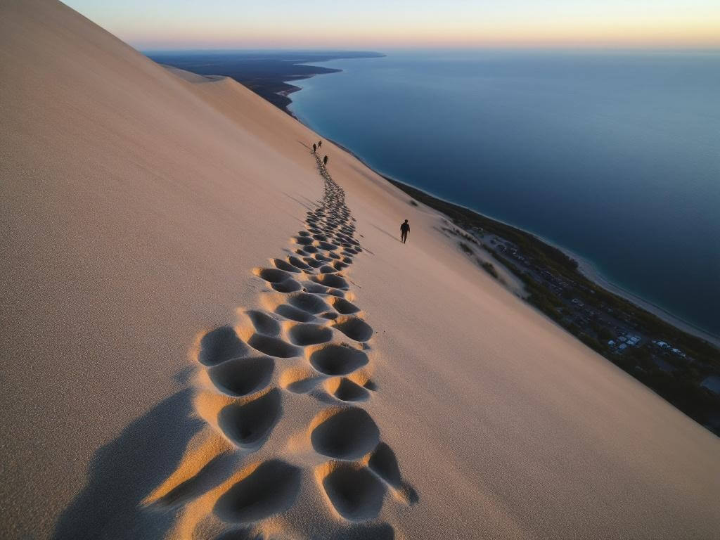 Hikers ascending the steep Sleeping Bear Dunes at golden hour, with deep footprints in the sand, parking area in the distance, and Lake Michigan's horizon across the top.