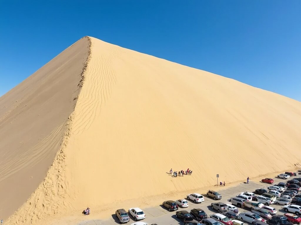 Sweeping view of large 284-foot sand dune with footprints and wind ripples, towering over a crowded parking lot at Sleeping Bear Dunes National Lakeshore, Michigan in the summer afternoon light