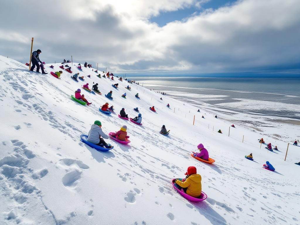 Families sledding on snowy Sleeping Bear Dunes, with footprints marking the slope and dramatic clouds over partially frozen Lake Michigan in the background