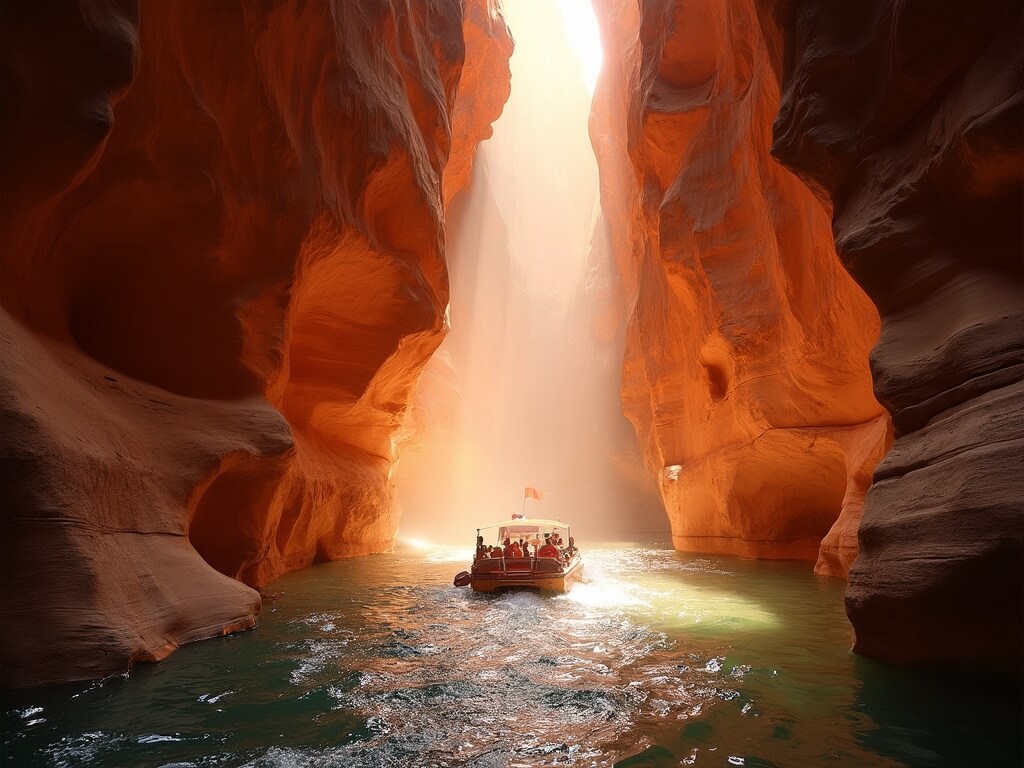 Tour boat navigating through a narrow water-accessible slot canyon with sandstone walls showcasing wave patterns, geological layers in shades of red and orange, and sunlight creating dramatic light beams.