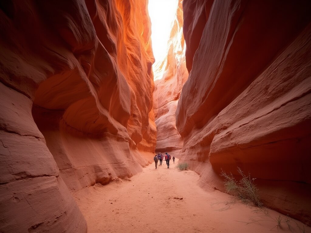 Hikers navigating through a narrow slot canyon near Coral Pink Sand Dunes, with tall red rock walls reflecting sunlight, and distant view of coral-pink sand.