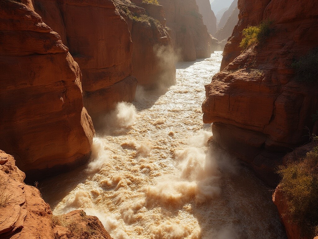 Aerial view of a flash flood rushing through a narrow slot canyon in Utah, with turbulent brown water filled with debris and vegetation between towering sandstone walls, shot from the canyon rim