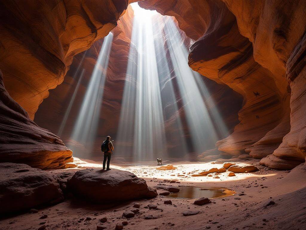 Bighorn sheep on high ledge in large natural chamber of a slot canyon with light beams streaming from above, ancient petroglyphs on distant wall.