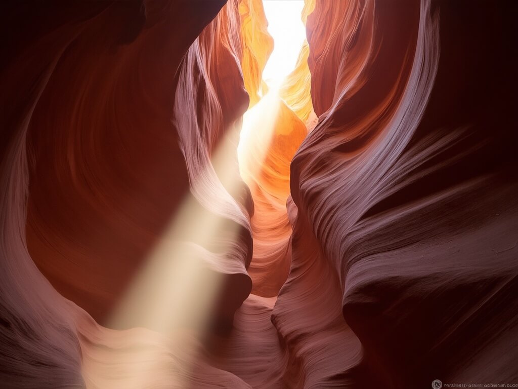 Vertical perspective of a narrow slot canyon in Grand Staircase-Escalante with layers of rust-red, cream, and burgundy minerals, with sunlight filtering from high above creating contrast between illuminated walls and shadowed depths