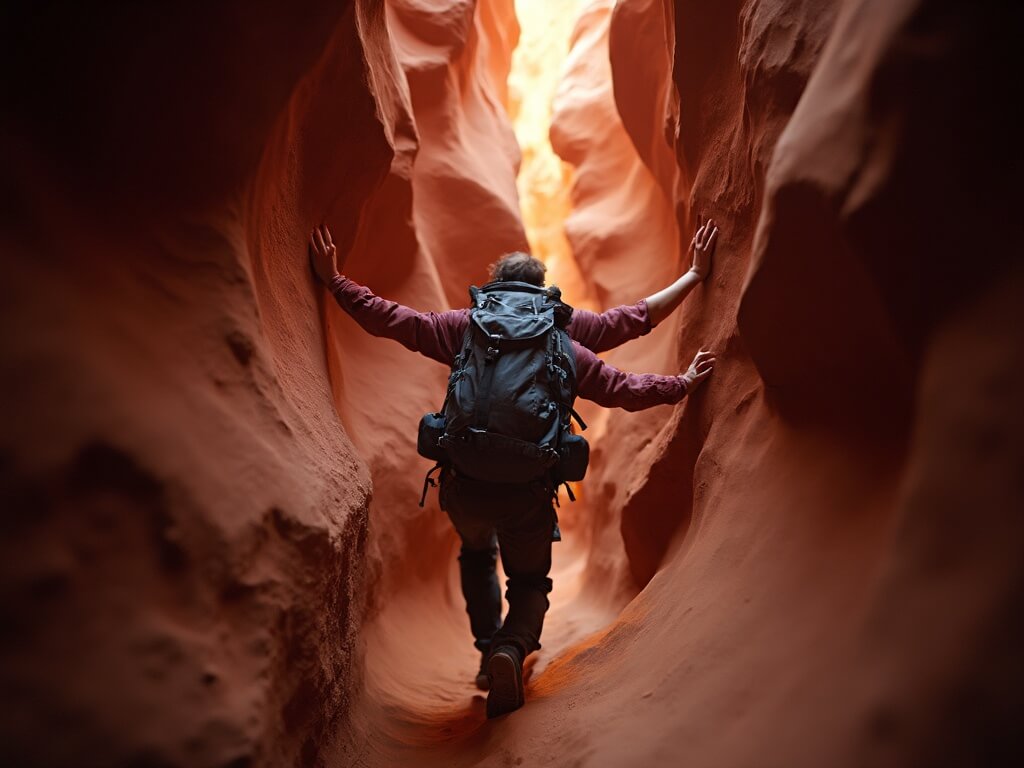 Hiker with backpack navigating through narrow 18-inch slot canyon with smooth sandstone walls in shades of orange and red, lit by soft diffused light from above