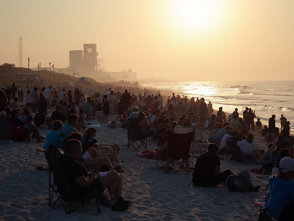 Space enthusiasts awaiting a rocket launch at Jetty Park beach during pre-dawn, with distant landmarks including the Vehicle Assembly Building and launch towers on the horizon.