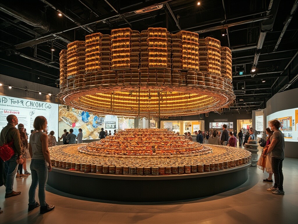 Families admiring the SPAM Museum's central gallery with conveyor belt system displaying different SPAM cans, illuminated by LED lights against industrial ceiling