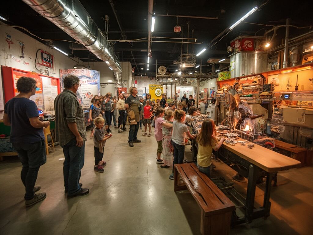Children playing in the interactive factory play area at the SPAM Museum, operating a mechanical conveyor belt display under bright lighting, with parents watching from nearby benches.