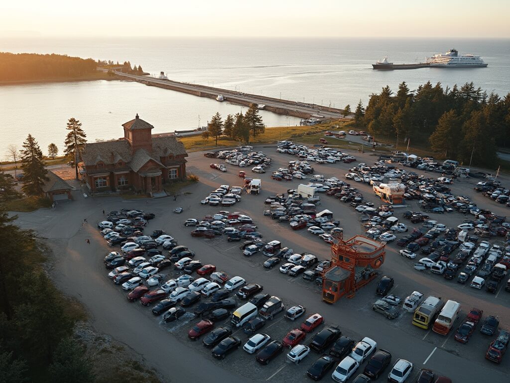 Aerial view of St. Ignace ferry parking lots filled with cars, shuttle buses, the historic Arnold Transit Company terminal, Lake Huron, and Mackinac Island in late afternoon light