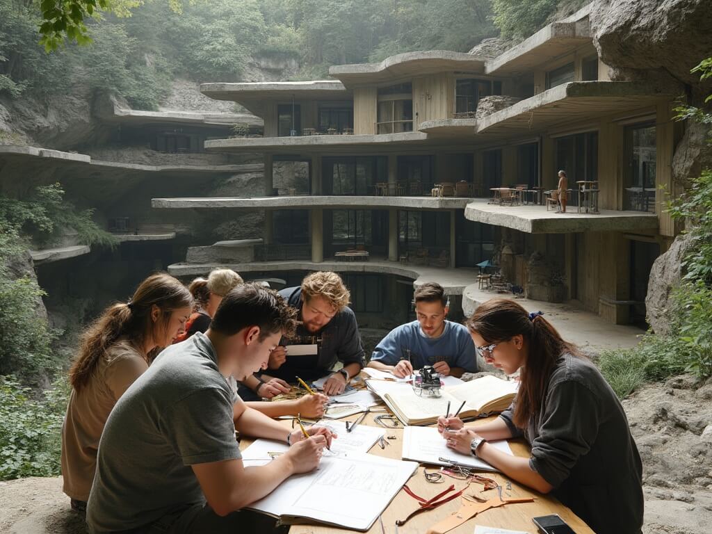 Architecture students studying and sketching at Fallingwater with measuring tapes and camera equipment, surrounded by the building's iconic cantilevered terraces