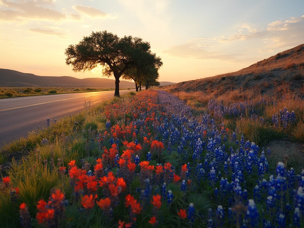 Golden sunrise light illuminating a Texas Hill Country landscape with deep blue bluebonnets and red Indian paintbrush flowers contrasting against rolling limestone hills and live oak trees along Highway 290.