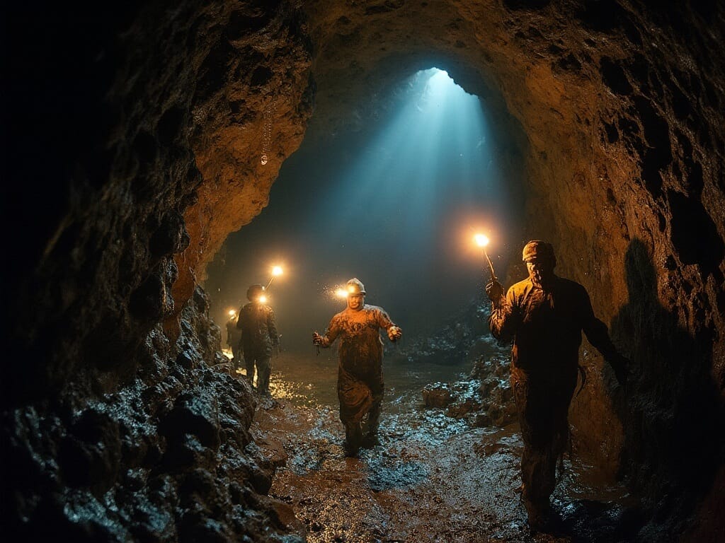 Spelunkers navigating 'Tight Squeeze' passage on Wild Cave Tour, illuminating narrow limestone walls, untouched rock formations and water droplets with headlamps in complete darkness
