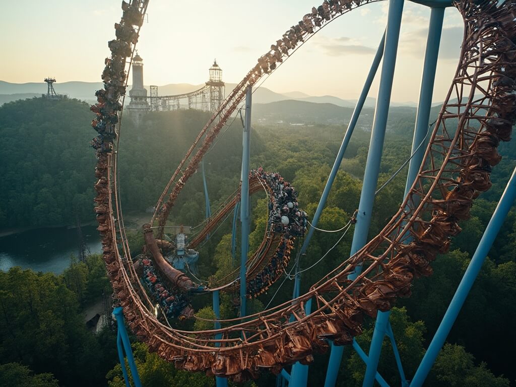 Aerial view of Time Traveler roller coaster at Silver Dollar City with riders mid-rotation on 95-foot loop, surrounded by Ozark forests and dramatic lighting