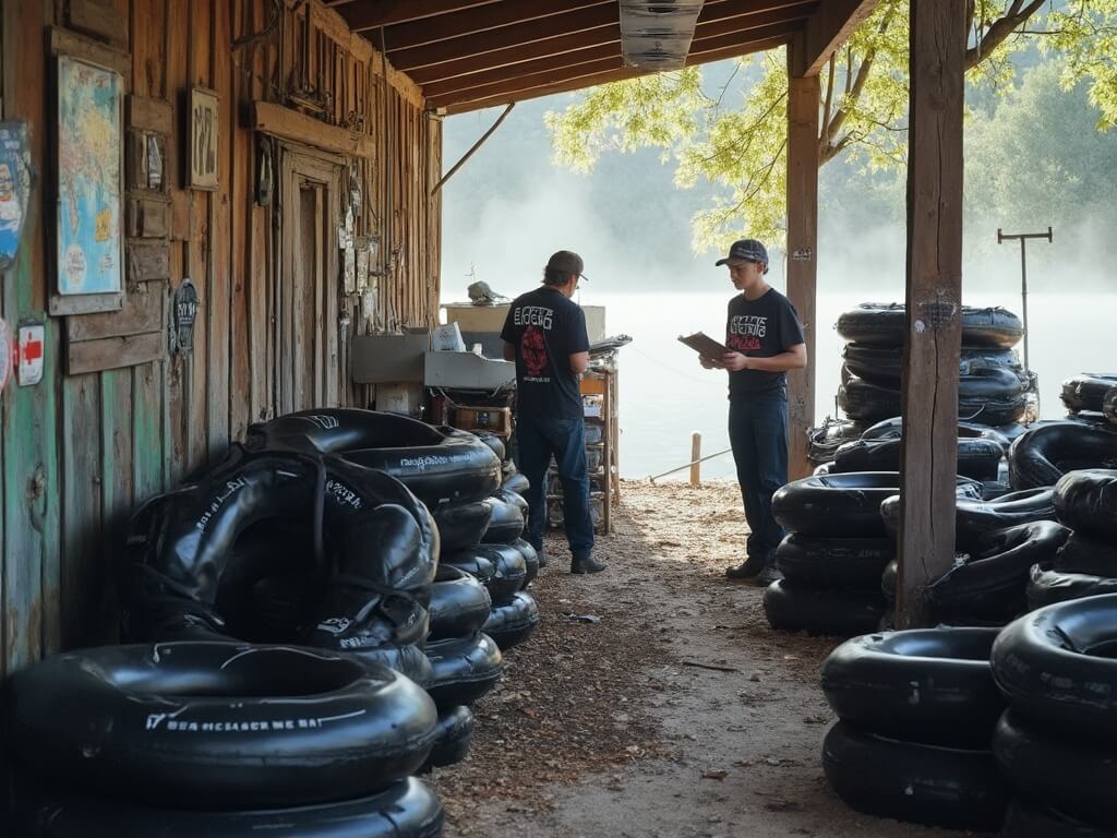 Early morning at Camp Riverview tube rental station with stacks of black tubes, staff scheduling in branded t-shirts, maps, and morning mist over the river