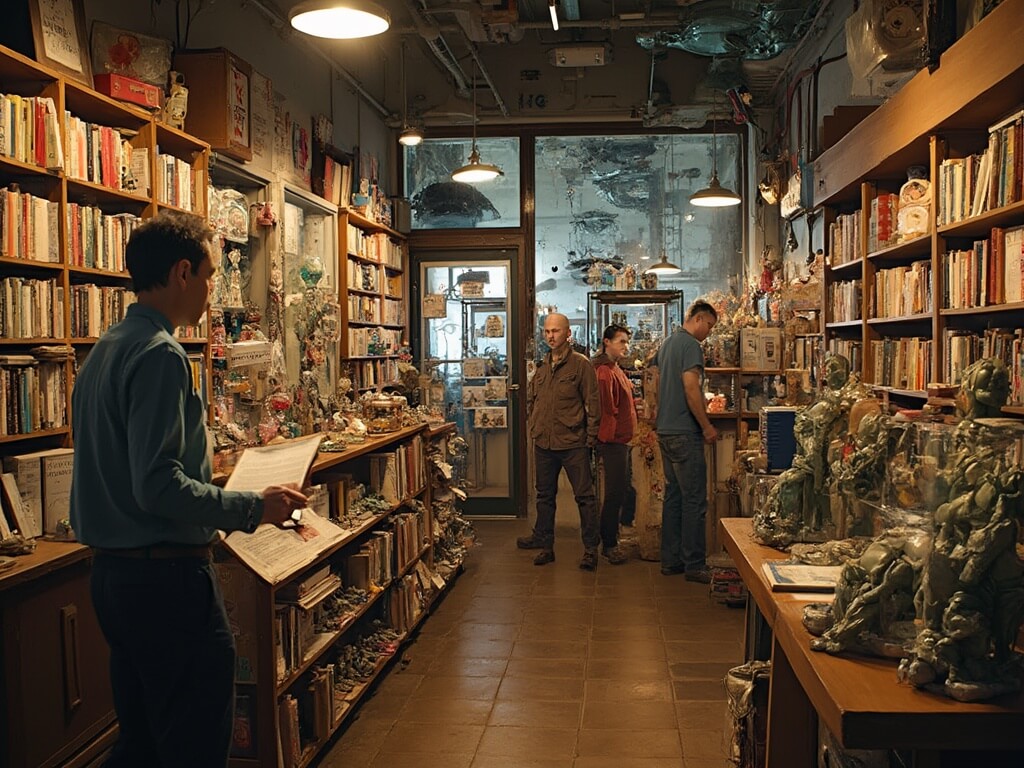 Bustling scene inside the International UFO Museum gift shop with visitors browsing an eclectic mix of academic UFO research materials and novelty alien merchandise.