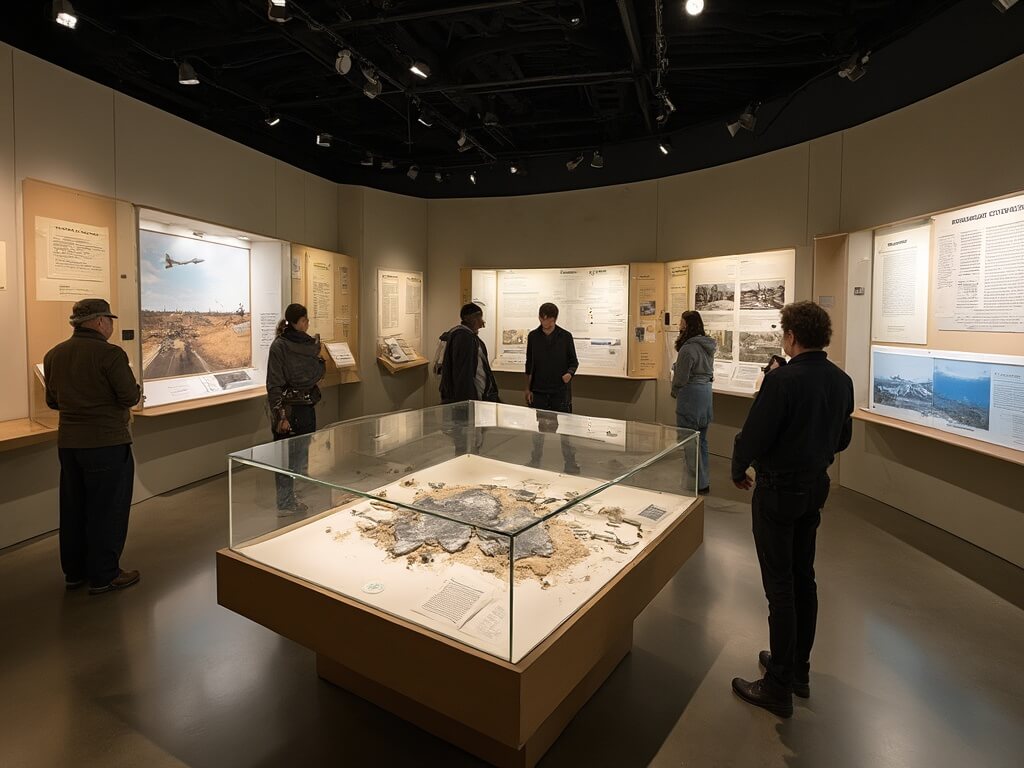 Visitors observing exhibitions at the International UFO Museum, featuring display cases of metallic debris, documents, and a diorama of the 1947 crash site discovery