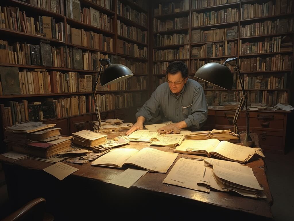 Researcher studying in UFO library with thousands of books, vintage magazines and declassified documents