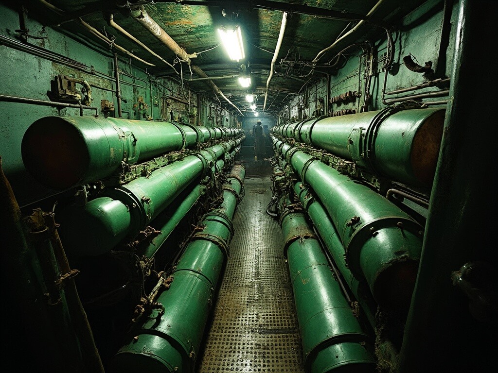 Claustrophobic interior of the USS Bowfin submarine's torpedo room showcasing the confined WWII era submariner working conditions