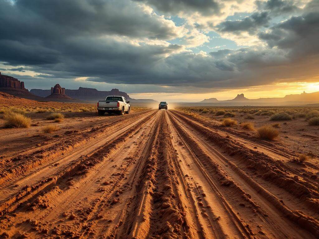 Abandoned sedan near a rough, unpaved road stretching into Utah's vast desert, with red rock formations under a clearing storm, and a pickup truck navigating in the distance.