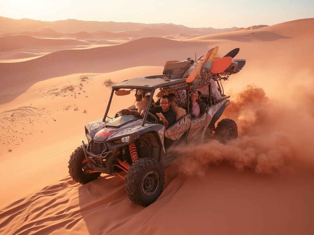 Guided UTV tour group ascending a steep dune at Coral Pink Sand Dunes, kicking up pink sand with sandboards on the rack and passengers wearing sunglasses and bandanas, a guide points towards a slot canyon in the distance under the harsh afternoon sun.