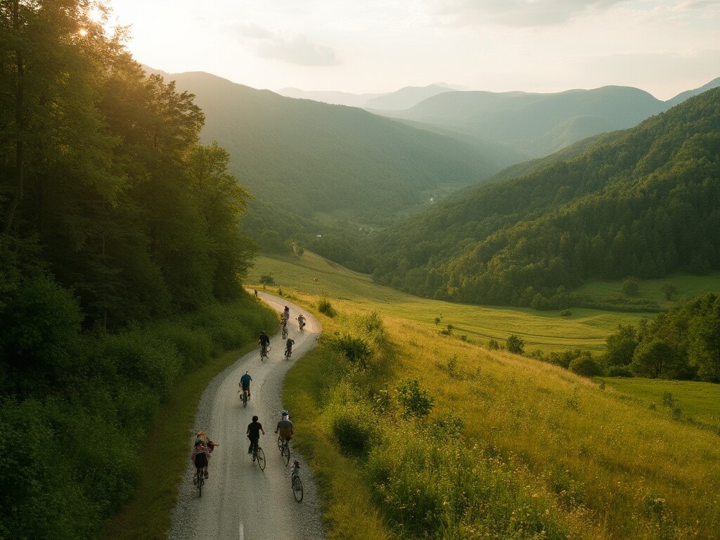 Aerial drone photo of a cycling family on the Virginia Creeper Trail as it changes from dense forest to rolling farmland, with Blue Ridge Mountains in the background and golden afternoon light highlighting the contrast.