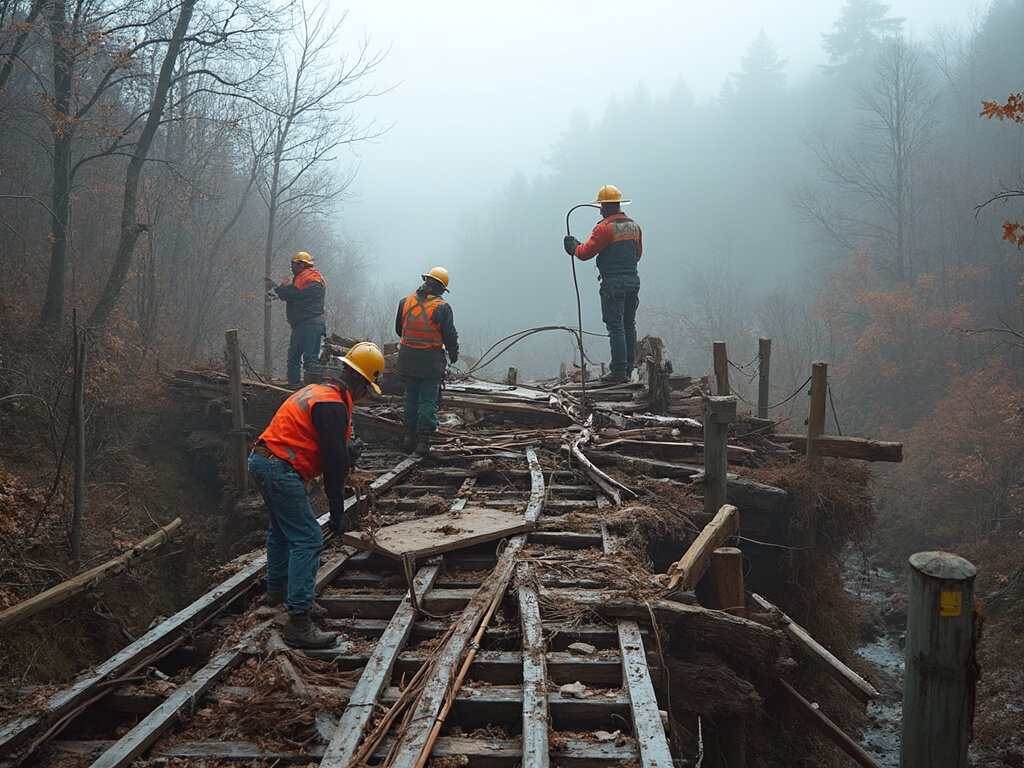 Construction crews repairing a wooden trestle bridge on Virginia Creeper Trail post-hurricane, with debris, fallen trees, hard hats and safety equipment visible, against a backdrop of morning fog over Appalachian Mountains.
