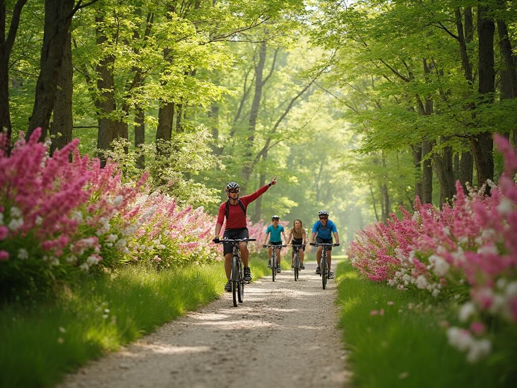 Family cycling on Virginia Creeper Trail amidst blooming pink and white mountain laurel, experiencing the beauty of spring with lead cyclist pointing at flowers.