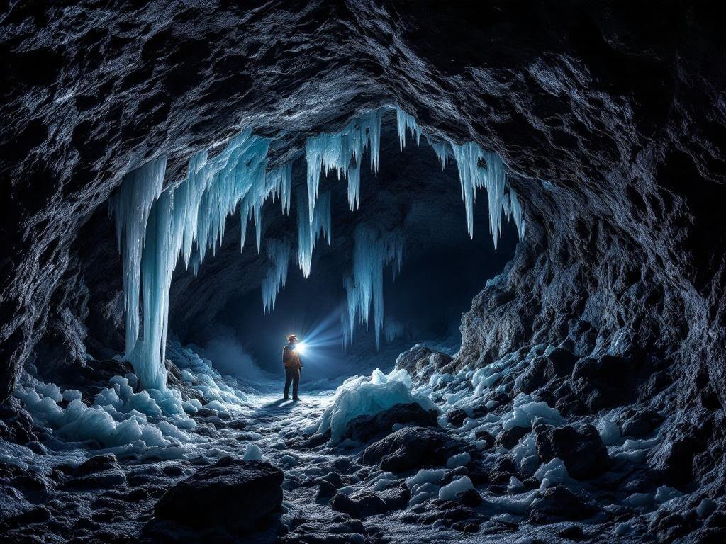 "Explorer with headlamp in an underground volcanic lava tube cave at Lava Beds National Monument, featuring black basalt walls, hanging lavacicles, blue-tinted ice formations, and atmospheric mist, Northern California"