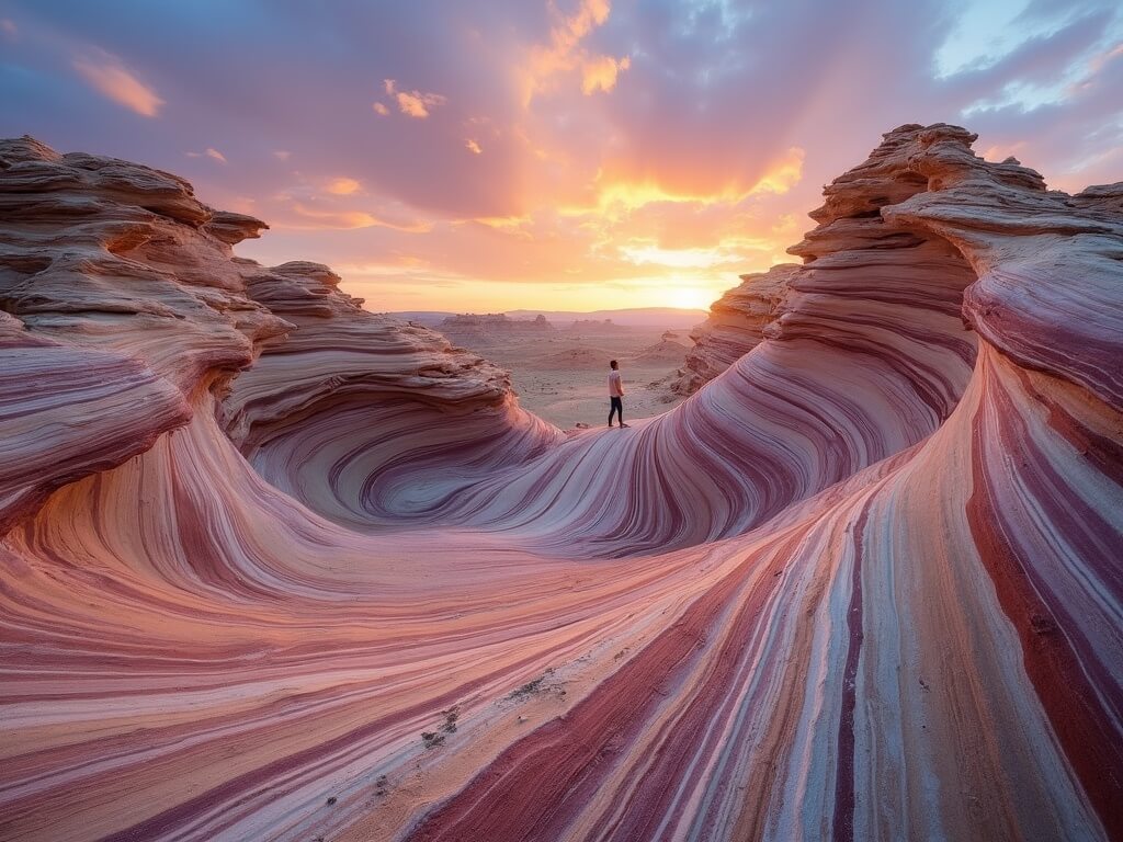 Photographer standing at golden hour amidst the Wave formation in Coyote Buttes North, showcasing the vibrant sandstone layers.