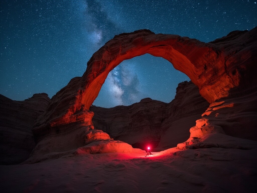 Long-exposure nighttime photo of The Wave's rock formations lit by moonlight and the Milky Way overhead, with star trails and a red headlamp illuminating certain features, and a carbon fiber tripod in the corner.