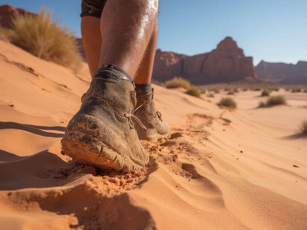 Hiker's boots sinking into deep desert sand dunes on the Wave trail, slickrock formations in the background, harsh midday sun casting stark shadows, sweat-stained clothes, sand-covered camera gear, and a nearly empty water bottle visible.