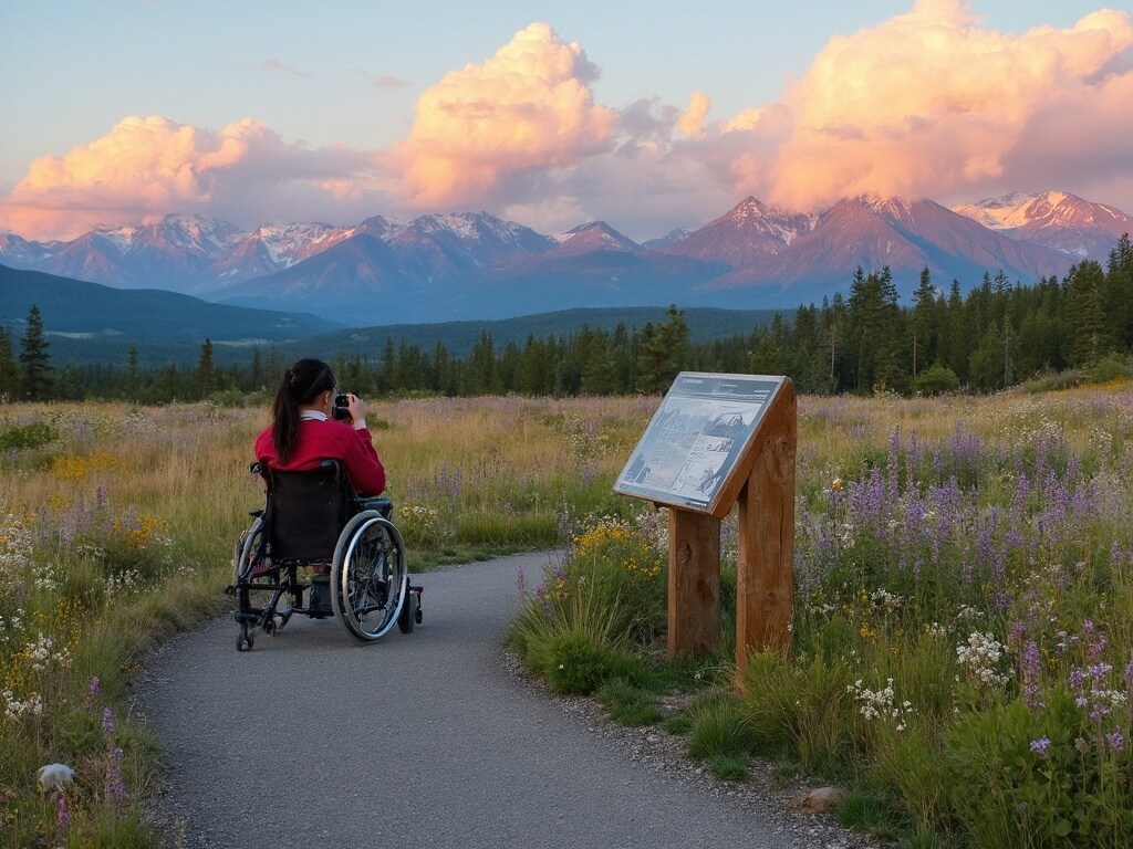 Person in a wheelchair photographing wildflower meadows at Nisqually Vista during golden hour, with a backdrop of volcanic peaks under a warm, cloud-filled sky