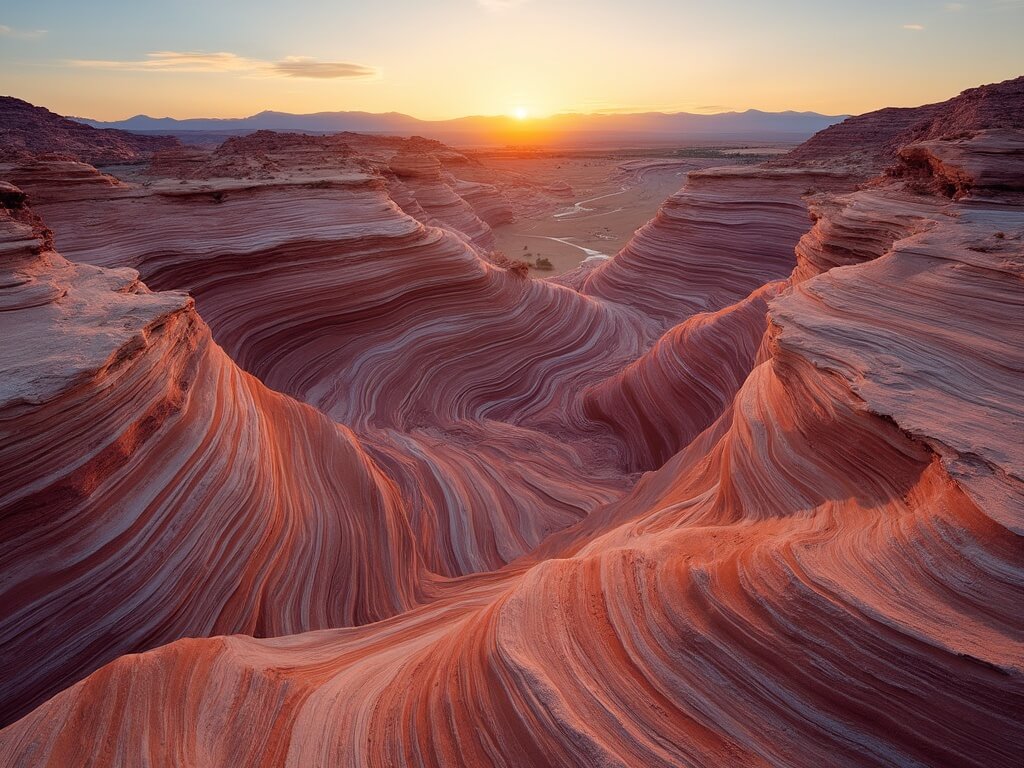 Aerial view of White Pocket's unique red and white sandstone rock formations at sunset, devoid of tourists, with dramatic shadows highlighting the colorful striations and varied textures across the vast desert landscape.