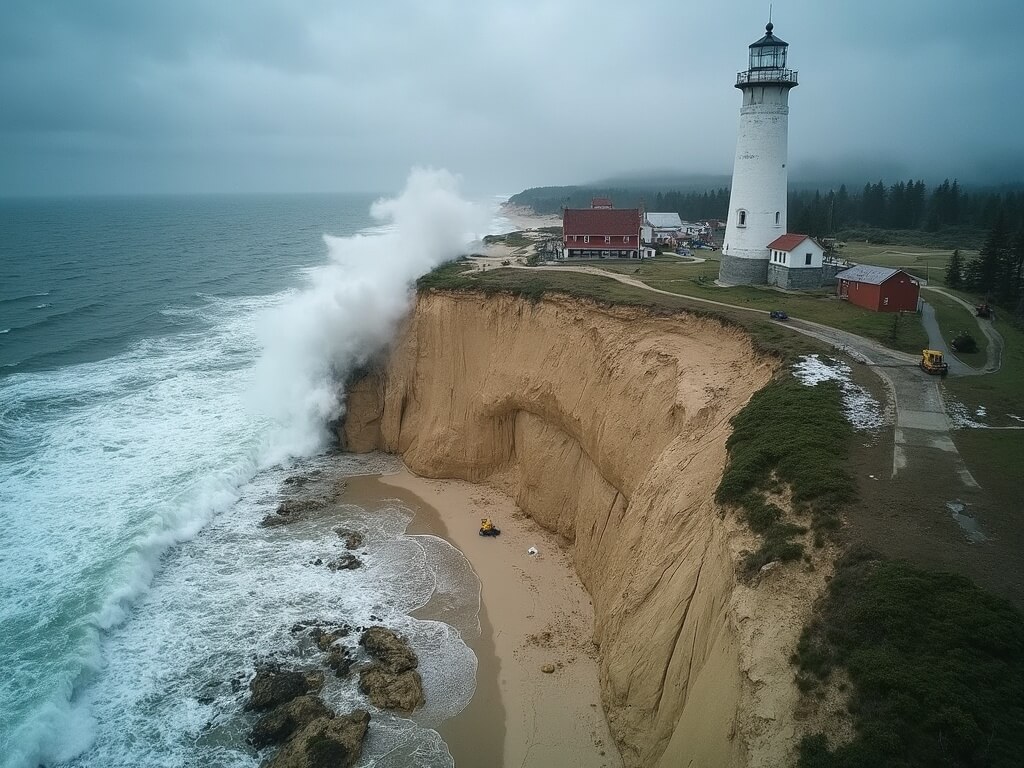 Aerial view of severe storm causing dramatic erosion at Whitefish Point Light Station, with visible damage near the lighthouse foundation, construction equipment installing emergency barriers, relocated outbuildings, and storm waves crashing near the tower base, under dark stormy skies symbolizing the threat of climate change to Great Lakes lighthouse preservation.