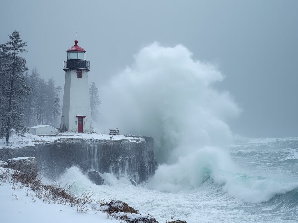 Dramatic winter scene at Whitefish Point Light Station with tall white lighthouse against stormy sky, huge waves crashing on rocky shore, ice formations on lighthouse and beacon light piercing through fog and snow.
