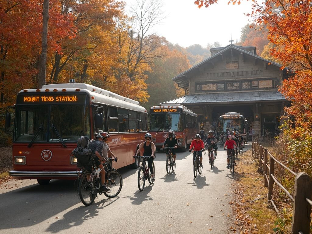 Cyclists preparing for downhill ride at Whitetop Station with shuttle vans loaded with bikes, rental shop staff assisting, historic station in the background, and trail entrance framed by colorful autumn foliage.