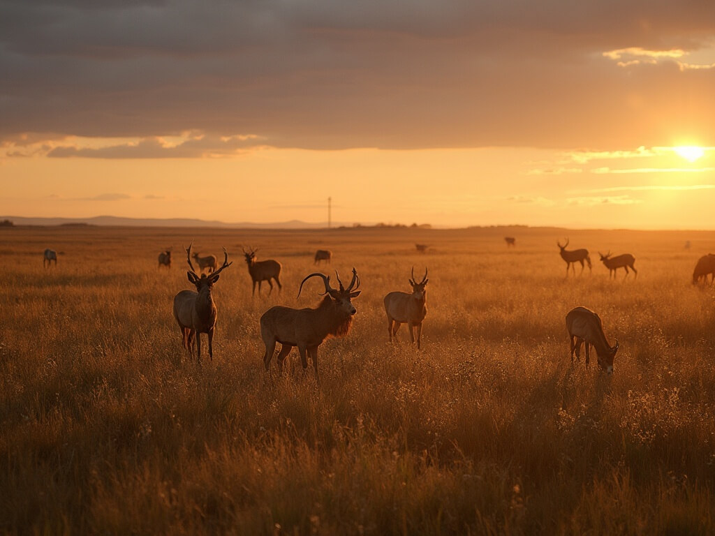 Small herd of pronghorn antelope, prairie dog towns, and grazing elk silhouettes under a dramatic South Dakota sky at Wildlife Loop Road during golden hour