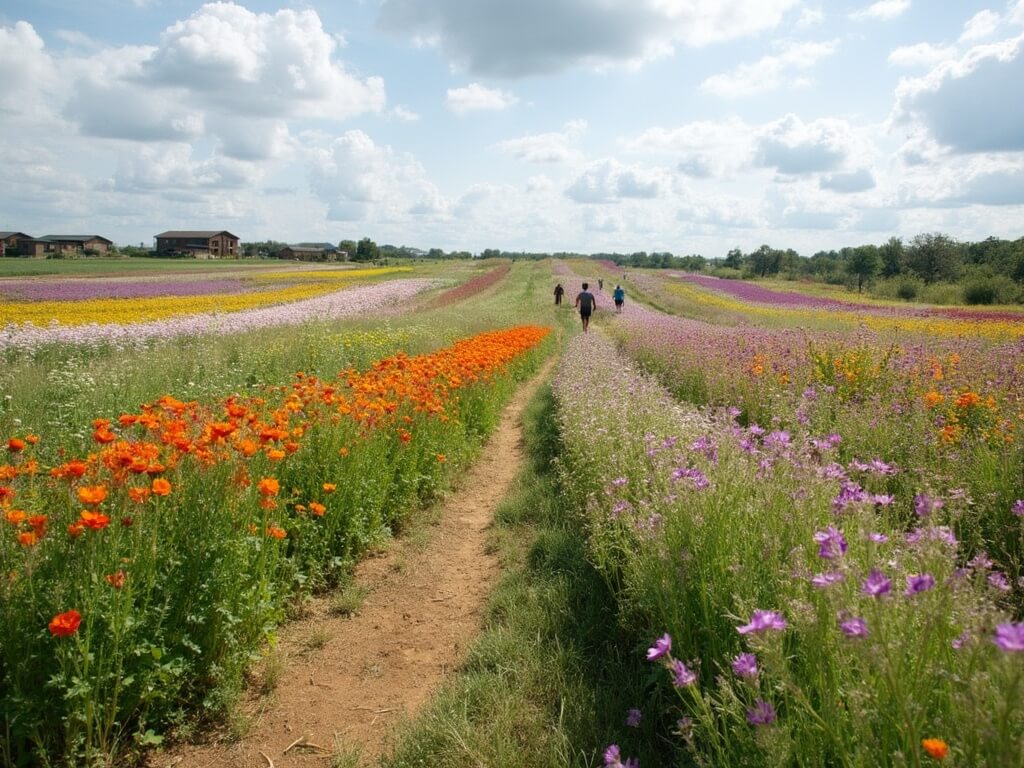 Visitors walking among rows of blooming firewheel, horsemint, and Gregg's mistflower at Wildseed Farms, Fredericksburg with market buildings in the backdrop under partly cloudy spring skies.