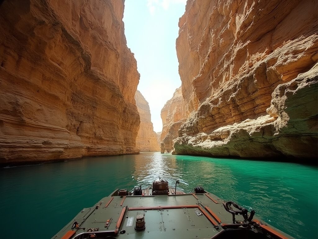 Duck boat navigating through Wisconsin Dells' narrow water channels showcasing Cambrian sandstone cliffs and ancient rock formations in warm afternoon light