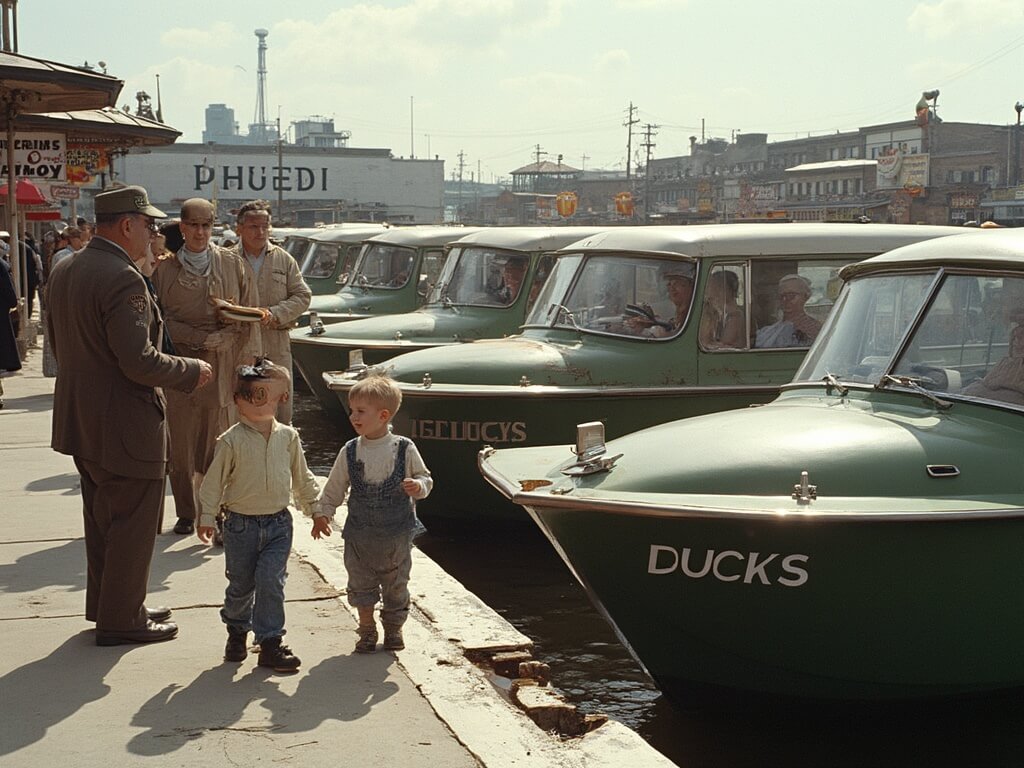 Families queueing to board restored WWII-era amphibious vehicles at the Original Wisconsin Ducks loading dock, with a veteran guide in uniform and snack stands in the background