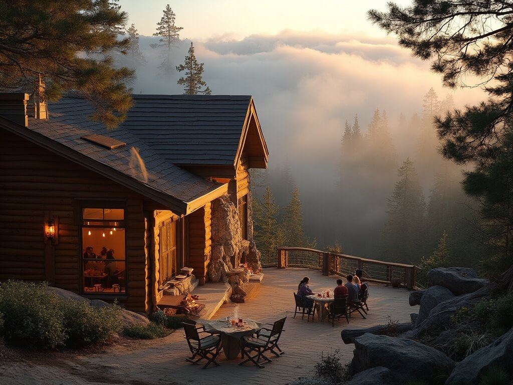 Guests enjoying coffee on deck of Wuksachi Lodge in Sequoia National Park during early morning golden hour, with warm light illuminating the wooden architecture amidst a misty pine forest at 7,000 feet elevation.