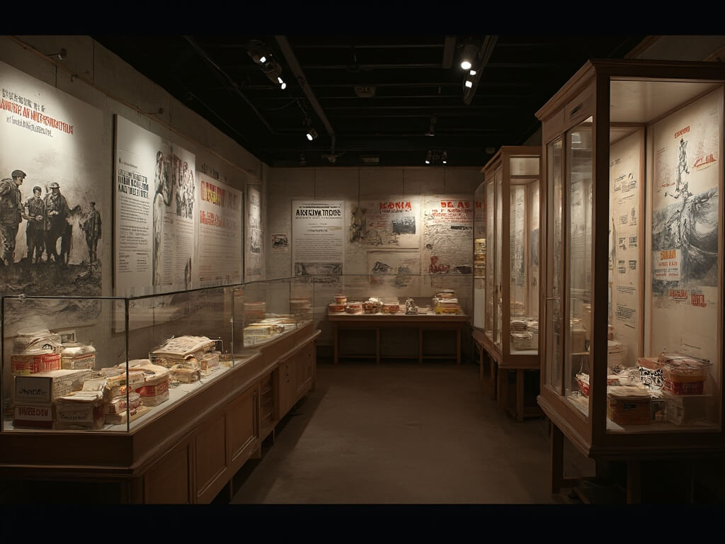World War II gallery displaying military rations, SPAM supplies photos, food conservation posters, original wartime packaging, and detailed information on Pacific theatre supply chain logistics in a solemn museum environment