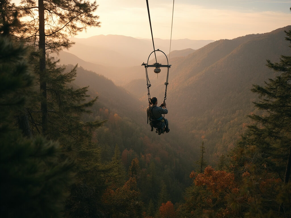 Zipline rider gliding over North Carolina forest canopy with Blue Ridge Mountains in the background during golden hour