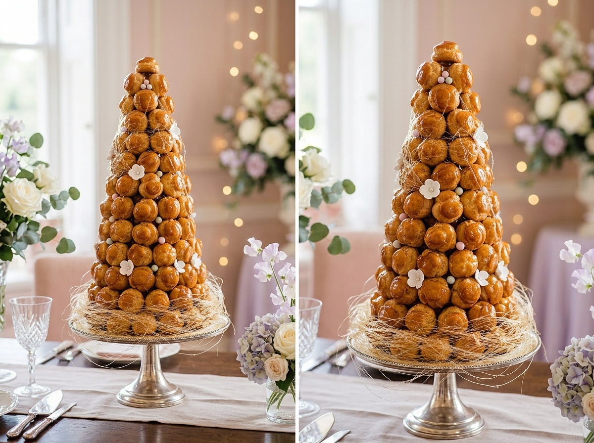 Elegant French Croquembouche Recipe An elegant French Croquembouche dessert made of cream puffs dipped in caramel, forming a towering structure.