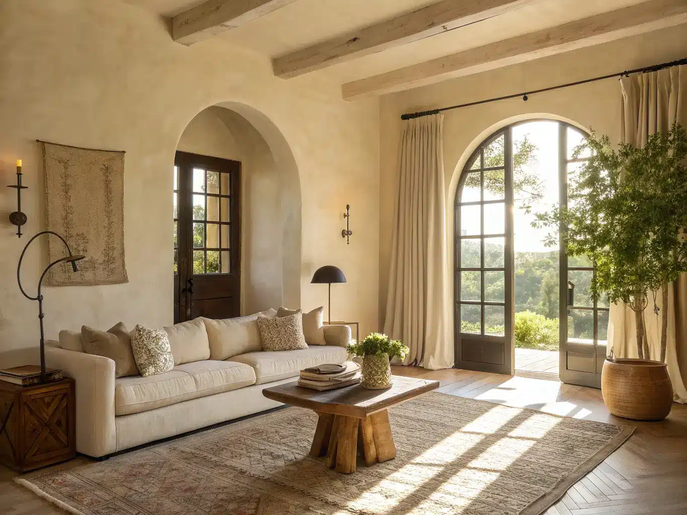 Warmly lit, cozy living room with textured ivory walls, arched doorway, camel bouclé sofa, wooden coffee table, terracotta and ceramic vases, iron floor lamp, and abstract artwork.